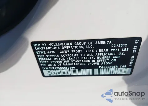 2012 Volkswagen Passat 2.5L Sel из США, поврежденный, VIN 1VWCH7A35CC059990